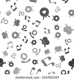 Set Heart in the center of darts target aim, Music note, tone with hearts, Heart and ribbon and Telephone with heart speech bubble on seamless pattern. Vector