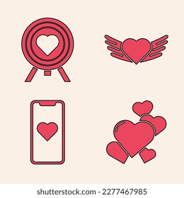 Set Heart, Heart in the center of darts target aim, Heart with wings and Mobile phone with heart icon. Vector