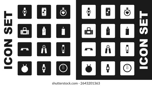Set Heart in the center stopwatch, Fitness shaker, Sport bag, Smartwatch, Punching, Music player,  and Step platform icon. Vector
