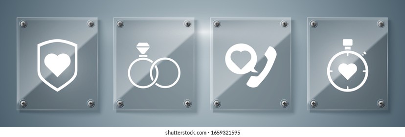 Set Heart in the center stopwatch, Telephone with heart speech bubble, Wedding rings and Heart with shield. Square glass panels. Vector