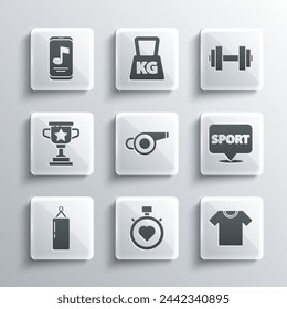 Set Heart in the center stopwatch, T-shirt, Location gym, Whistle, Punching bag, Award cup, Music player and Dumbbell icon. Vector