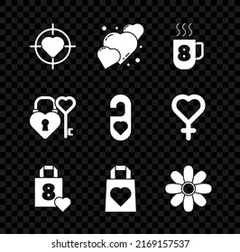 Set Heart in the center of target aim, Coffee cup with 8 March, Shopping bag heart, Flower, Castle and key shape and Please do not disturb icon. Vector
