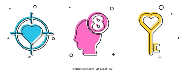 Coloca Corazón en el centro del objetivo, 8 de marzo en la cabeza humana y la llave en el icono de forma de corazón. Vector