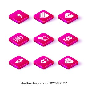 Set Heart in the center wrist watch, Castle shape of heart, bird cage, on hand, Candy shaped box, tag, Broken or divorce and  icon. Vector