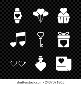 Set Heart in the center wrist watch, Balloons form of heart, Wedding cake with, shaped love glasses, Bottle potion, Envelope Valentine, Music note, tone hearts and Key icon. Vector