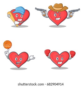 Set of heart character with baseball cowboy basketball boxing