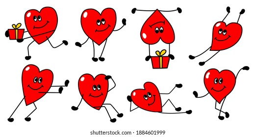 Set of heart characters in flat style isolated on white background. Funny characters in different poses, individual characters with gifts. Valentine's Day. Vector design.
