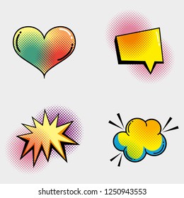 set heart with chat bubble and star with cloud patch