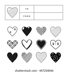 Set of heart cliparts in different styles with a customizable gift tag template. St Valentine's Day greeting card