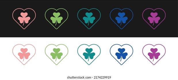 Set Heart with clover trefoil leaf icon isolated on black and white background. Happy Saint Patricks day. National Irish holiday.  Vector