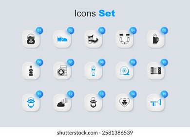 Set Heart with clover trefoil leaf, Golden leprechaun coin, Leprechaun boot, Trumpet, Accordion, Pot of gold coins and Glass beer icon. Vector