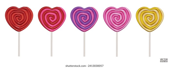 Set of heart colorful sweet lollipops isolated on white background. 3d realistic, swirl, colored sugar candies on stick. Gold lollipop. 3D Vector illustration.