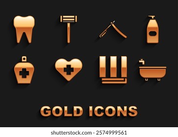 Set Heart with a cross, Bottle of liquid antibacterial soap, Bathtub, Towel stack, Straight razor, Tooth and Shaving icon. Vector