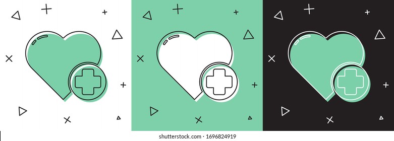 Ajuste Corazón con un icono de cruz aislado en fondo blanco y verde, negro. Primeros auxilios. Señal de atención médica, médica y farmacia. Ilustración vectorial