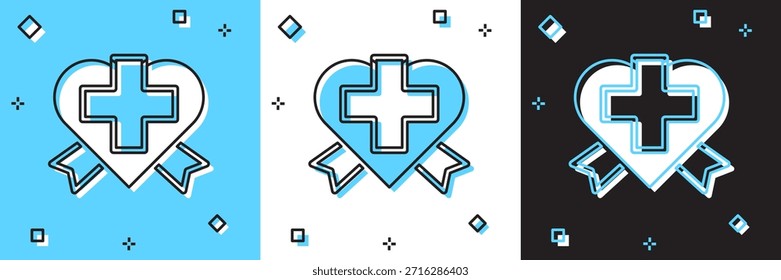 Conjunto Corazón con un icono de cruz aislado en azul y blanco, fondo negro. Primeros auxilios. Signo de atención médica, médica y farmacia.  Vector
