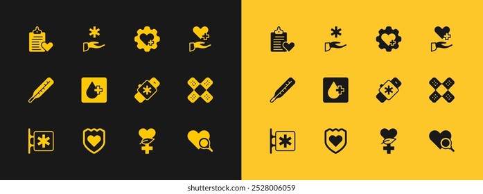 Conjunto de corazón con cruz, sistema inmunológico, corazón de reloj inteligente, etnociencia, prueba de sangre, registro de pacientes e icono médico de hospital cruzado. Vector