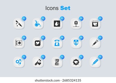 Set Herz mit Kreuz, Mobile Herzfrequenz, Rollstuhl für Behinderte, Medizin Tablette, Medizinisches Thermometer, Spritze, Pipette und Notruf 911 Symbol. Vektorgrafik