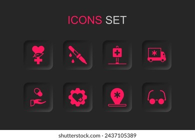 Set Heart with cross, Pipette, Ethnoscience, Location hospital, Ambulance car, Glasses,  and Medical prescription icon. Vector