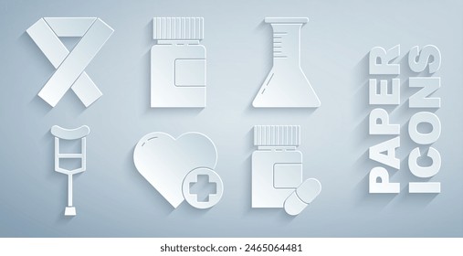 Set Heart with a cross, Test tube and flask, Crutch or crutches, Medicine bottle pills,  and Awareness ribbon icon. Vector