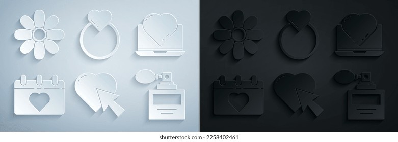 Set Heart and cursor click, Online dating app chat, Calendar with 8 March, Perfume, Wedding rings and Flower icon. Vector