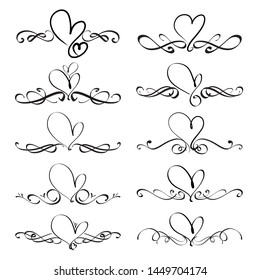 Set Of Heart Decorative Calligraphic Elements For Decoration. Handmade Vector Illustration.