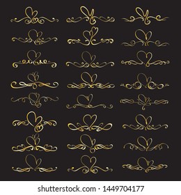 Set Of Heart Decorative Calligraphic Elements For Decoration. Handmade Vector Illustration.