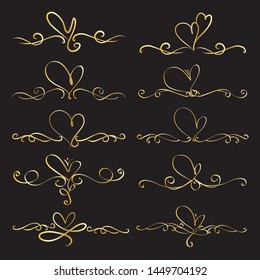 Set Of Heart Decorative Calligraphic Elements For Decoration. Handmade Vector Illustration.