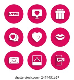 Set Heart, Diamond engagement ring, Mobile with heart, Smiling lips, Envelope Valentine, speech bubble, Gift box and Love text icon. Vector