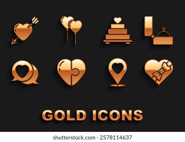 Set Heart, Diamond engagement ring, Candy heart shaped box, Location with, speech bubble, Wedding cake, Amour arrow and Balloons form of icon. Vector