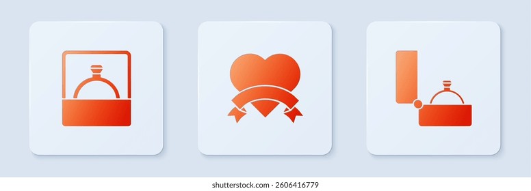 Set Heart, Diamond engagement ring and . White square button. Vector