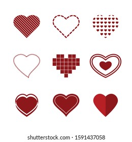 Set of heart, different type of pink heart symbols on white background.