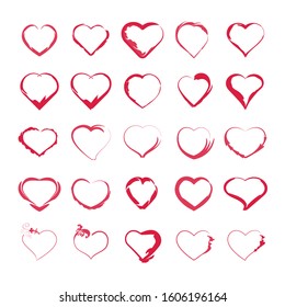 Set of heart, different type of pink heart symbols on white background.