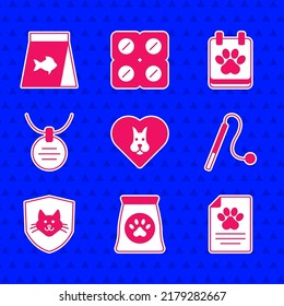 Set Heart with dog, Bag of food for pet, Medical clinical record, Pet cat toy, Animal health insurance, Collar name tag, Calendar grooming and Food fish icon. Vector