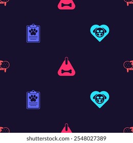 Set Heart with dog, Clinical record pet, Dog collar and Cat tooth on seamless pattern. Vector