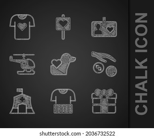 Set Heart With Dog, Clothes Donation, Gift Box, Donation And Charity, Emergency Medical Tent, Rescue Helicopter, Volunteer Id Card Or Badge And  Icon. Vector