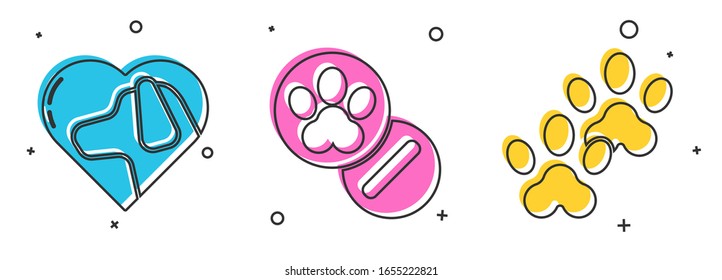 Set Heart with dog, Dog and pills and Paw print icon. Vector