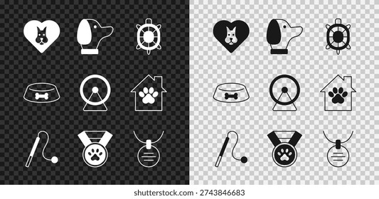 Set Heart with dog, Dog, Turtle, Pet cat toy, award symbol, Collar name tag, food bowl for or and Hamster wheel icon. Vector