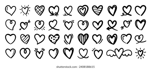 Set of heart doodle element vector. Hand drawn doodle style collection of different heart, love symbol. Illustration design for print, cartoon, card, decoration, sticker, icon, valentine day.