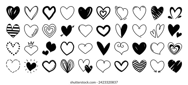 Set of heart doodle element vector. Hand drawn doodle style collection of different heart, love symbol. Illustration design for print, cartoon, card, decoration, sticker, icon, valentine day, clipart.