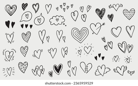 Set of heart doodles. Cute hand drawn heart icons for wedding and valentines day