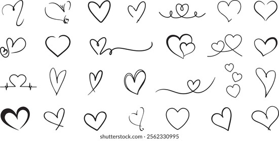 Set of Heart doodles, decorative hearts line art set, heart illustration border, love symbol collection, isolated on white background