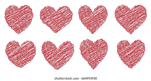 Set heart drawn painted with a brush hand, vector set of different heart shapes scribble doodle