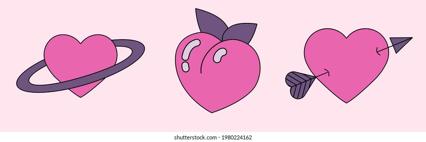 Set of heart emblems. Designs for stickers and patches in retro 90's cartoon style.