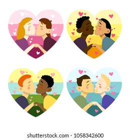 Set of heart emblems with four cartoon images of different loving couples kissing. Lgbt men and women in love. Valentine's Day, wedding, holiday.
