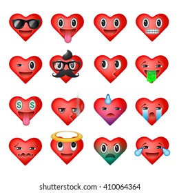 Set of heart emoticons, emoji smiley faces