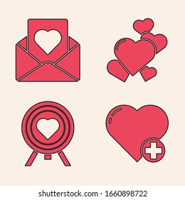 Set Heart, Envelope with heart, Heart and Heart in the center of darts target aim icon. Vector