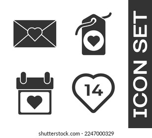 Set Heart, Envelope with Valentine heart, Calendar with heart and Heart tag icon. Vector