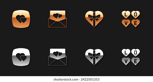 Set Heart, Envelope with Valentine heart, Candy shaped box and Love text icon. Vector