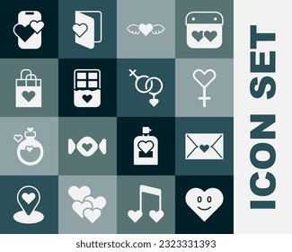 Set Heart, Envelope with Valentine heart, Female gender symbol, wings, Chocolate bar, Shopping bag, Dating app online mobile and Gender icon. Vector