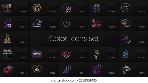 Set of Heart, Event click and Balloon dart line icons. Include Puzzle, Bike, Ice cream milkshake icons. Discounts cart, Gift box, Ice creams web elements. Sleep, Be true, Smile chat. Vector